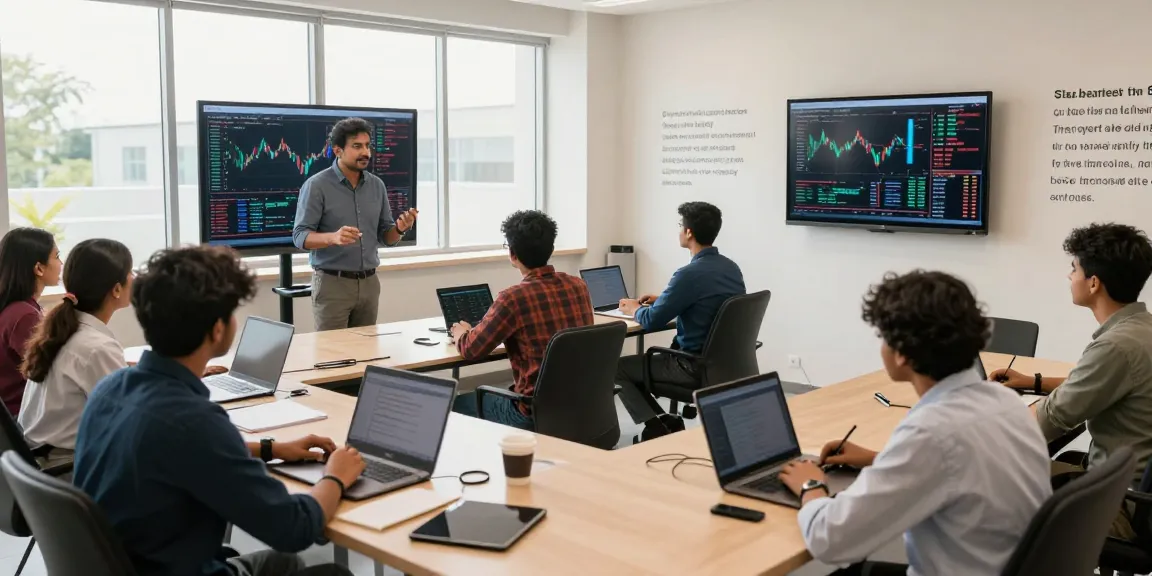 Scene at Trade Max Academy, the top stock market training institute in Kerala, showcasing a diverse group learning trading strategies.