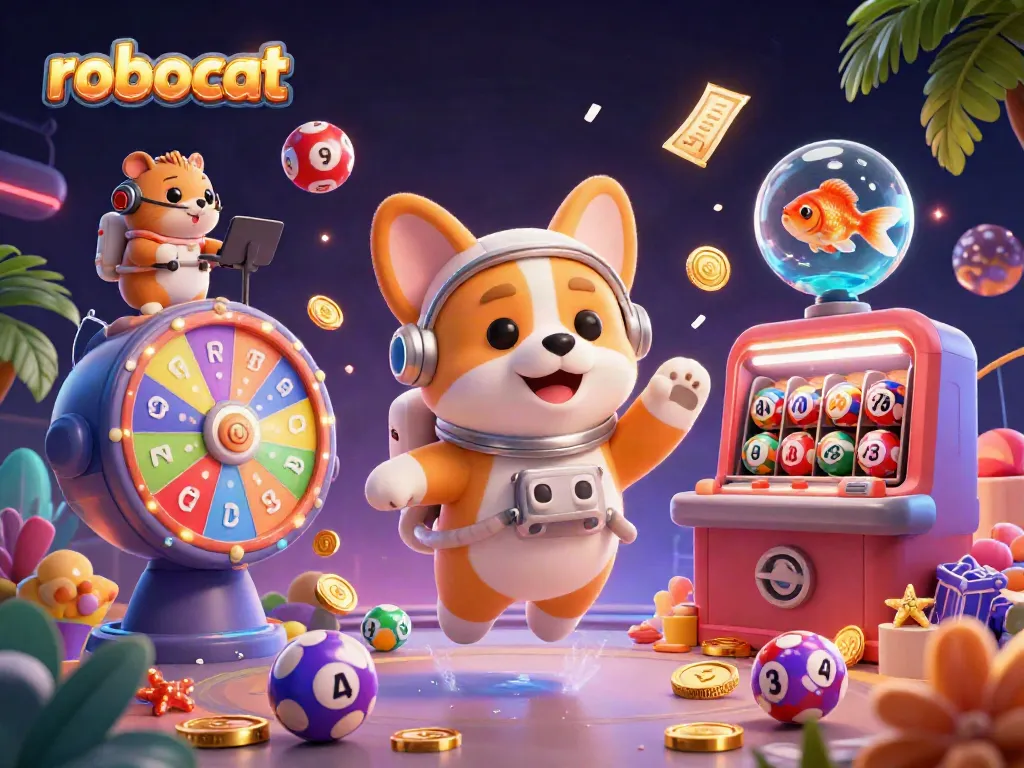 Join the fun at robocat casino as the astronaut corgi spins the lottery prize wheel in zero gravity.