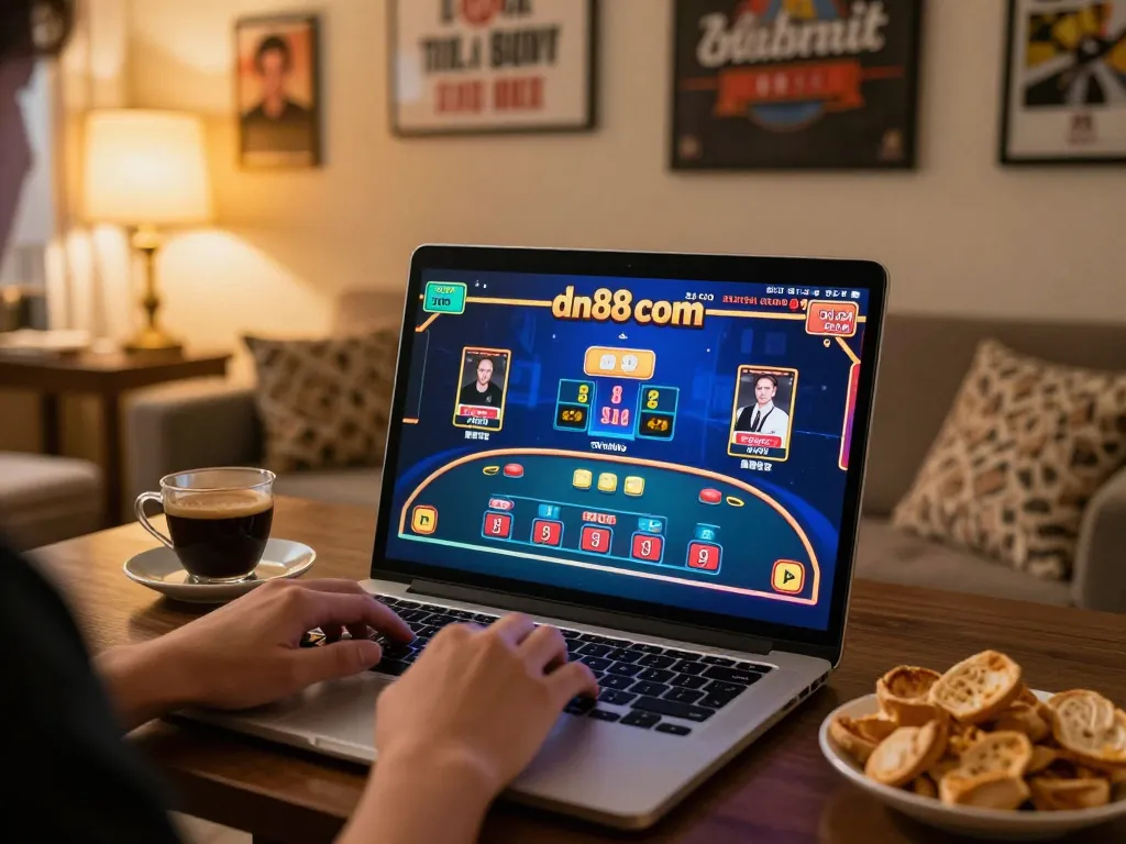 Engaged player enjoying live dealer gaming experience at dn88 com in a cozy home setup, showcasing excitement and strategic play.