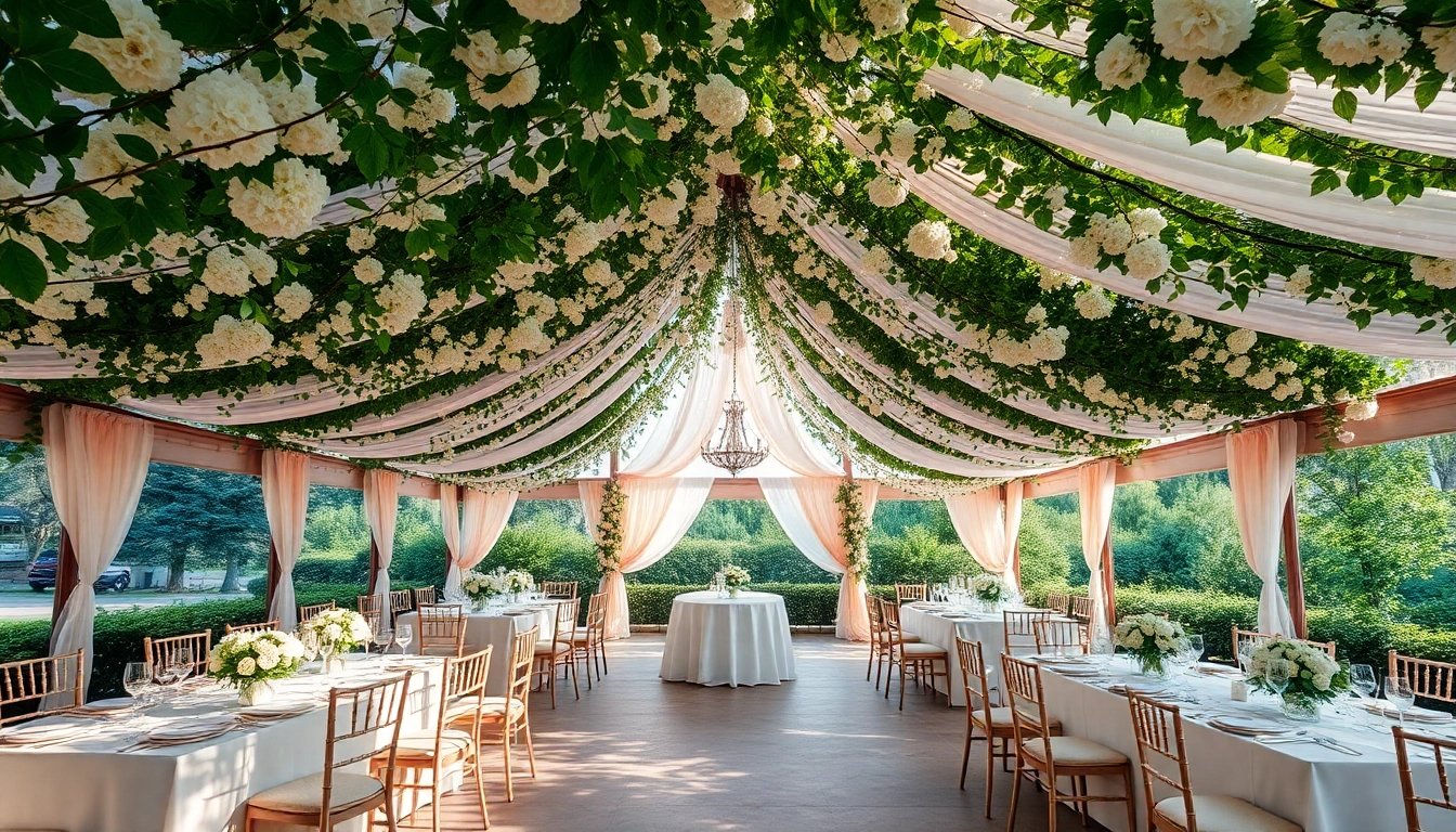 Location Hochzeit in einer eleganten Hochzeitsanzug unter einem Blütenzauber.