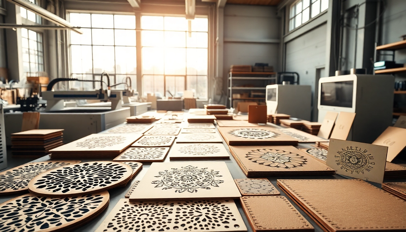 Showcase of laser cutting designs with intricate templates and materials in a creative workshop.