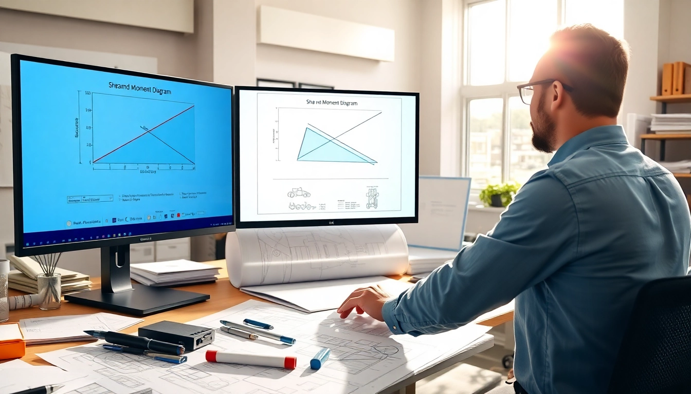 A professional engineer reviews a Shear and Moment Diagram in a bright office filled with blueprints.
