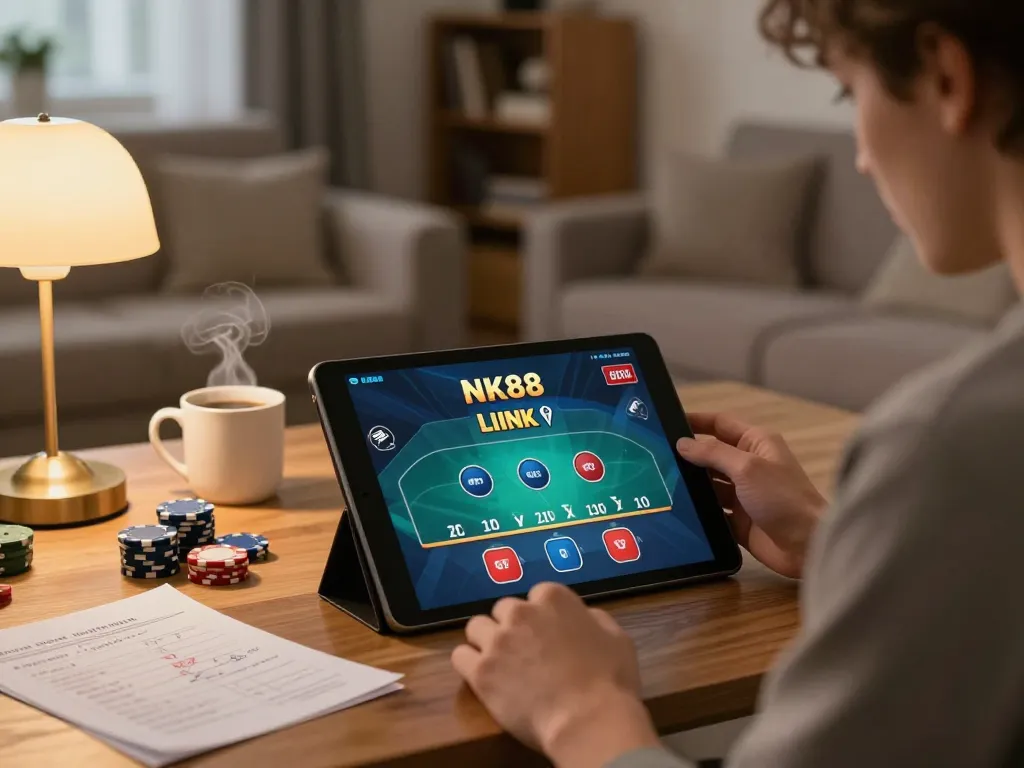 Player engaged with the NK88 link while enjoying an online blackjack game at home