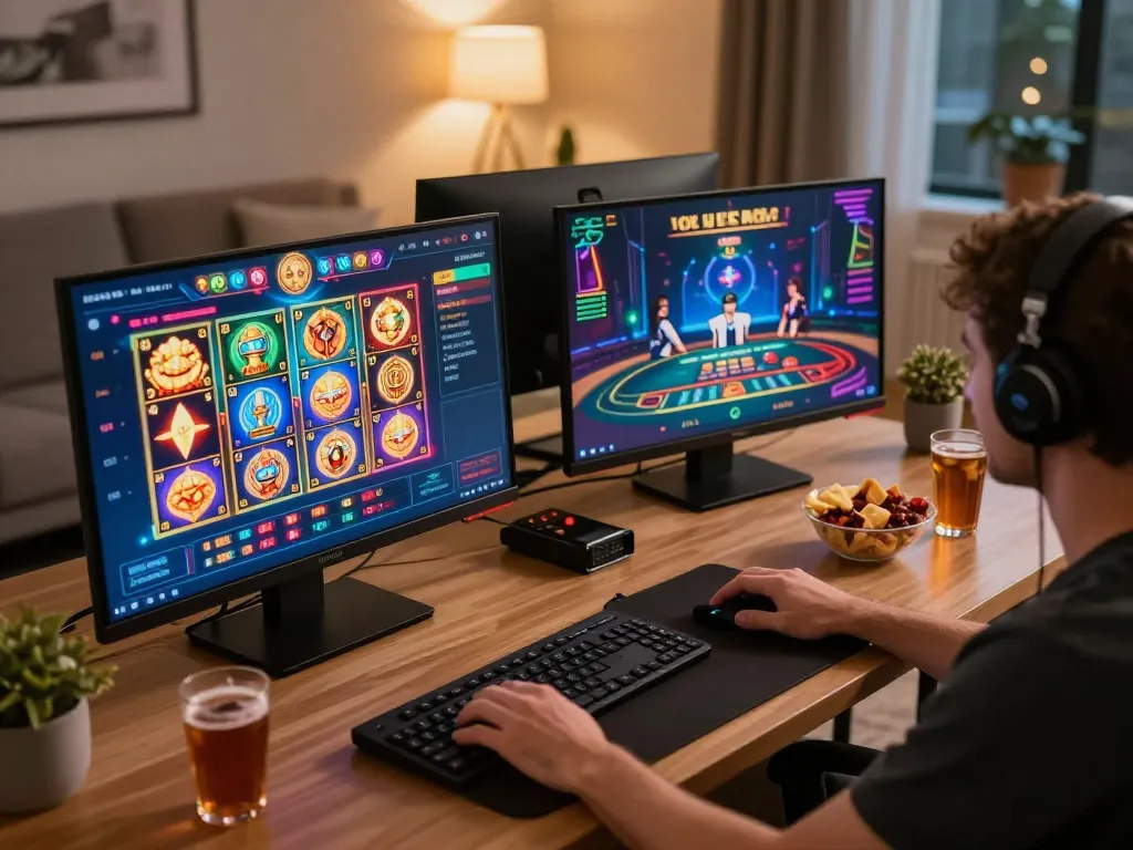 MM88 player engaged with online casino games at home, showcasing vibrant interface and cozy atmosphere