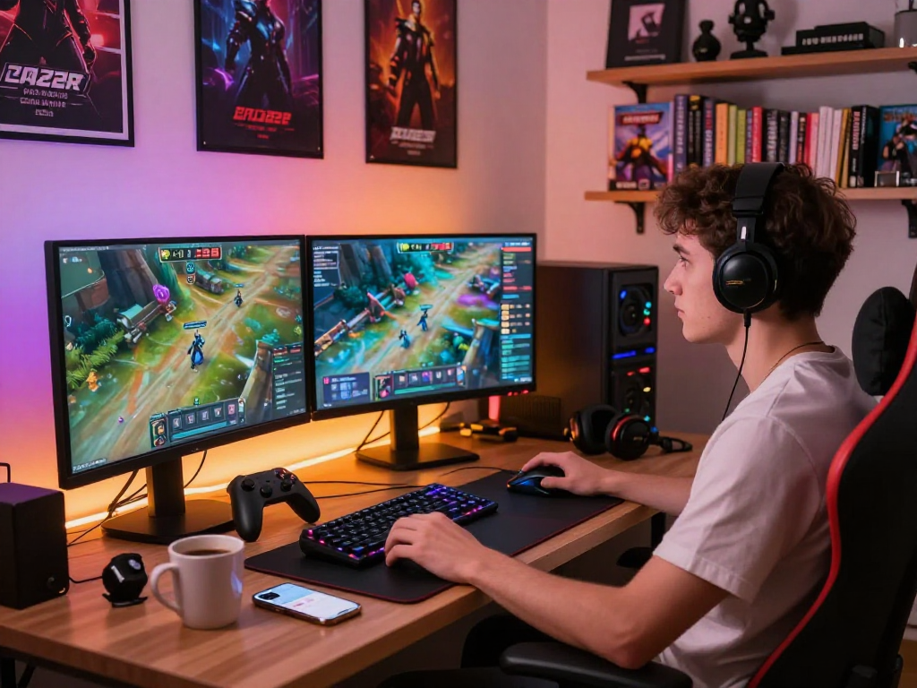 Engaged gamer at dynamic online gaming setup on https://raja328apk.com/ with colorful interface and energetic atmosphere.