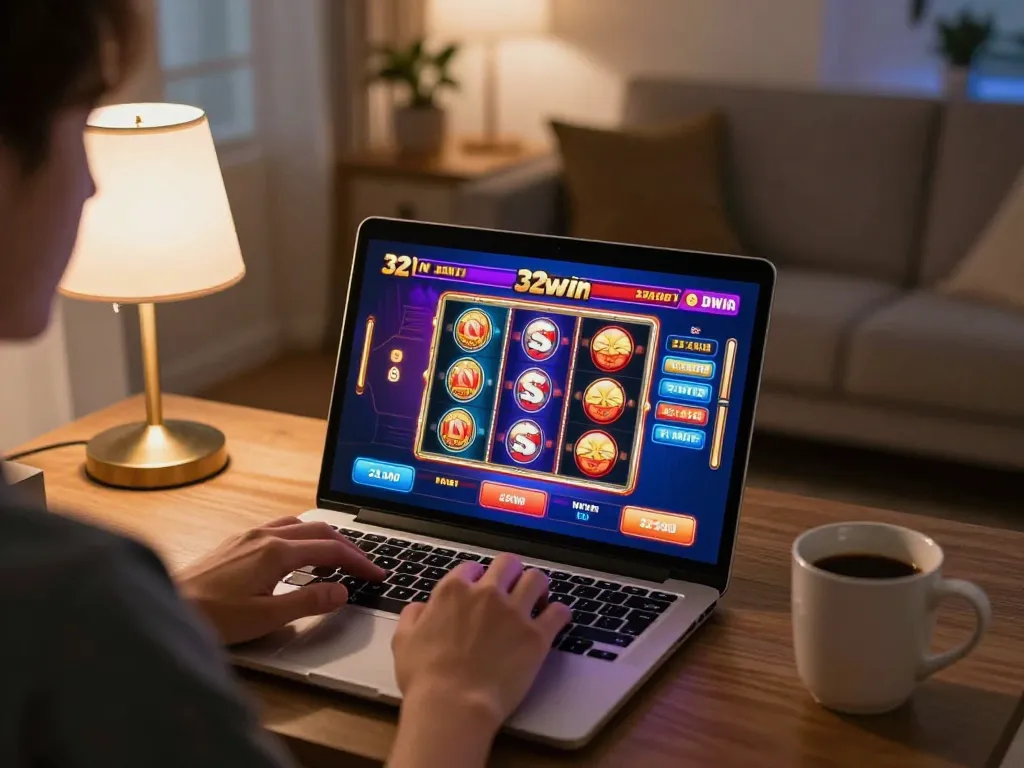 Player enjoying online slots on 32win while seated at home, relaxed atmosphere with laptop and drinks.
