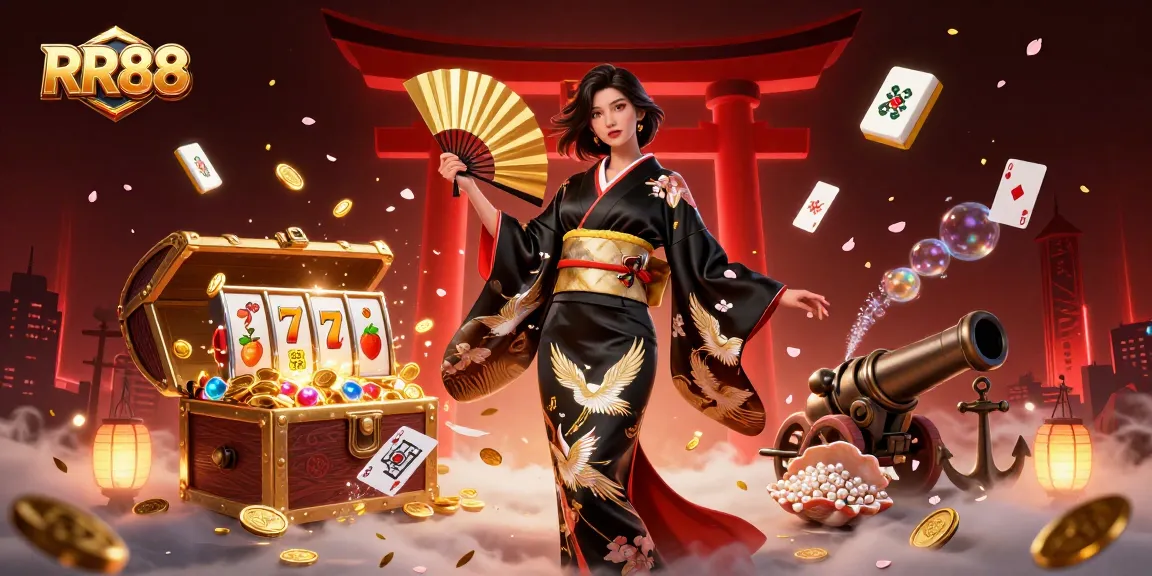 RR88 showcases a captivating online casino experience, with an elegant woman leading the excitement in a colorful gaming atmosphere.