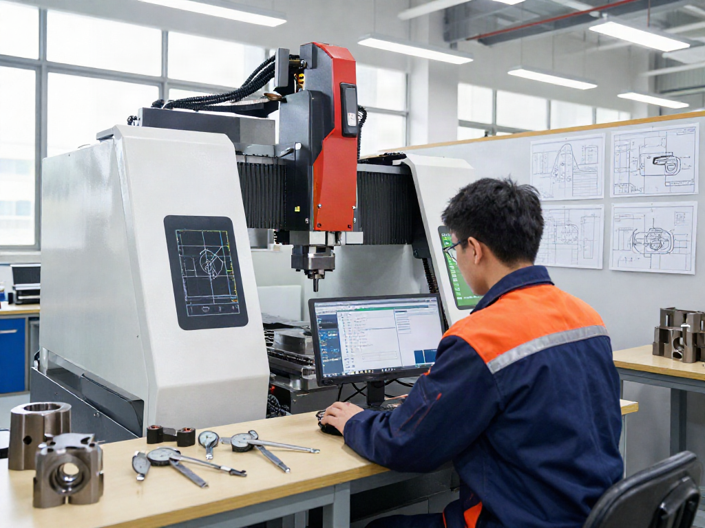 CNC machining parts manufacturer technician operating high-tech machinery in a modern workshop.