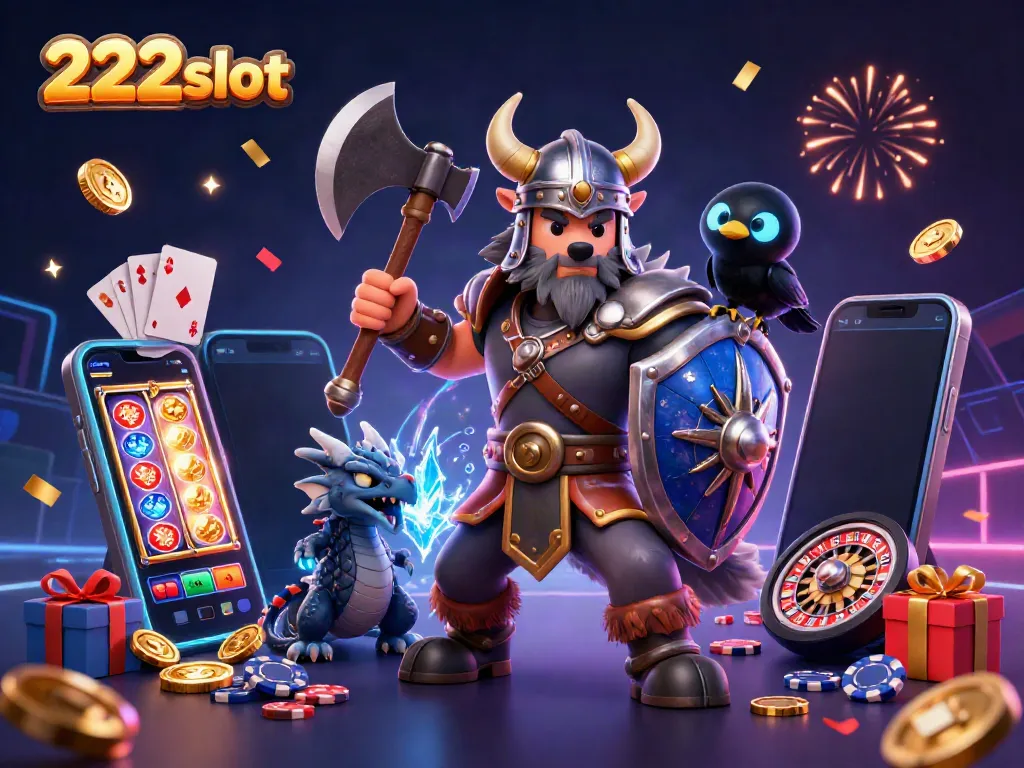 Mainkan game seru di 222slot dengan tampilan karakter menarik dan elemen slot mengelilinginya.