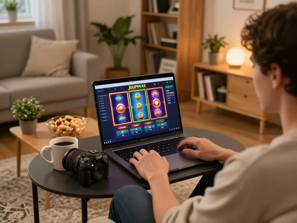 Engaging with JILIPINAS online casino on a home laptop, showcasing vibrant slots and cozy setup.