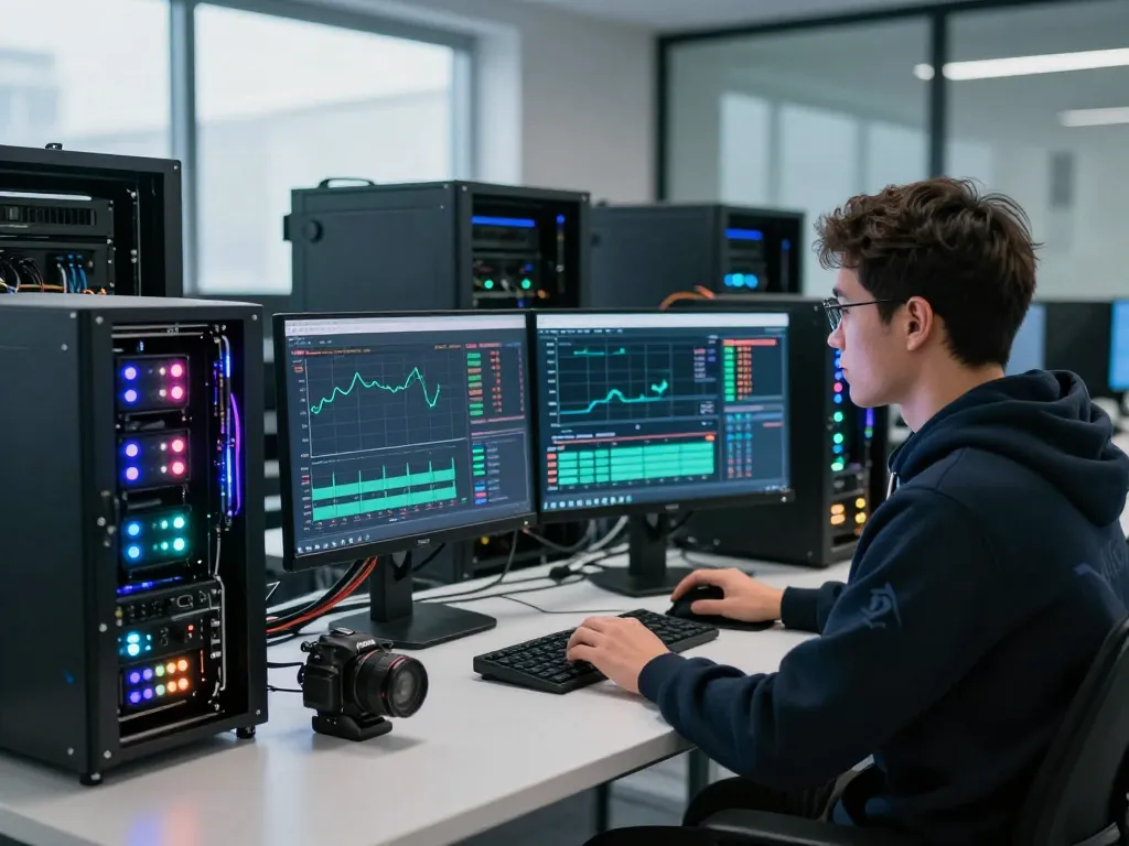 Operator in a tech workspace analyzing the best cloud mining website with advanced mining rigs and Bitcoin statistics.