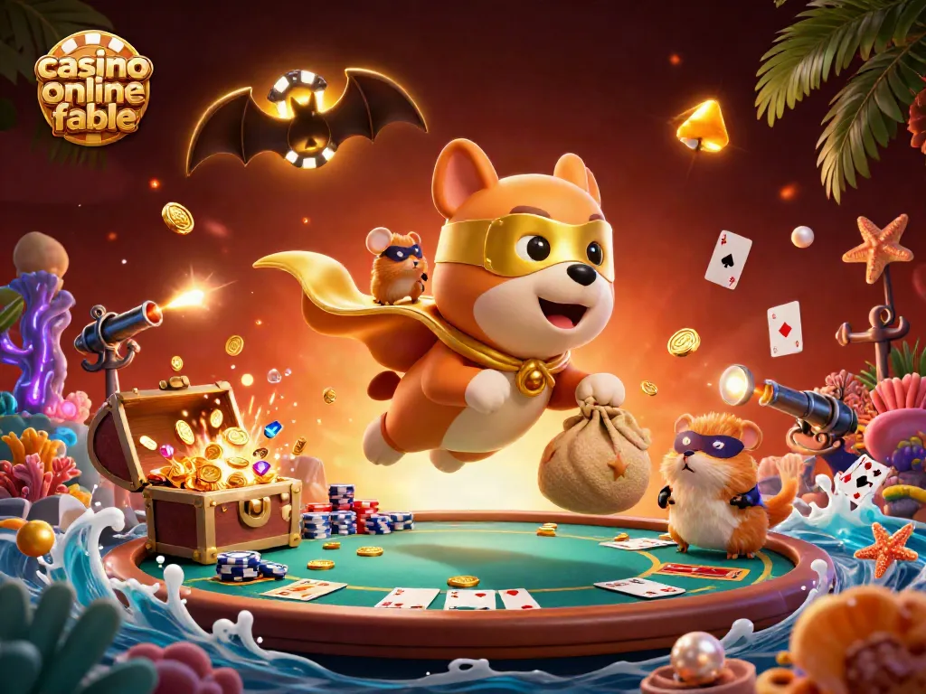 Disfruta de emoción en el casino online fiable con el héroe y su compañero, rodeados de cartas y premios.