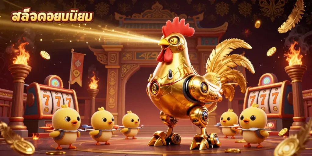 Experience the thrill of สล็อตยอดนิยม with an exciting 3D casino illustration featuring a golden rooster robot and baby chick drones.