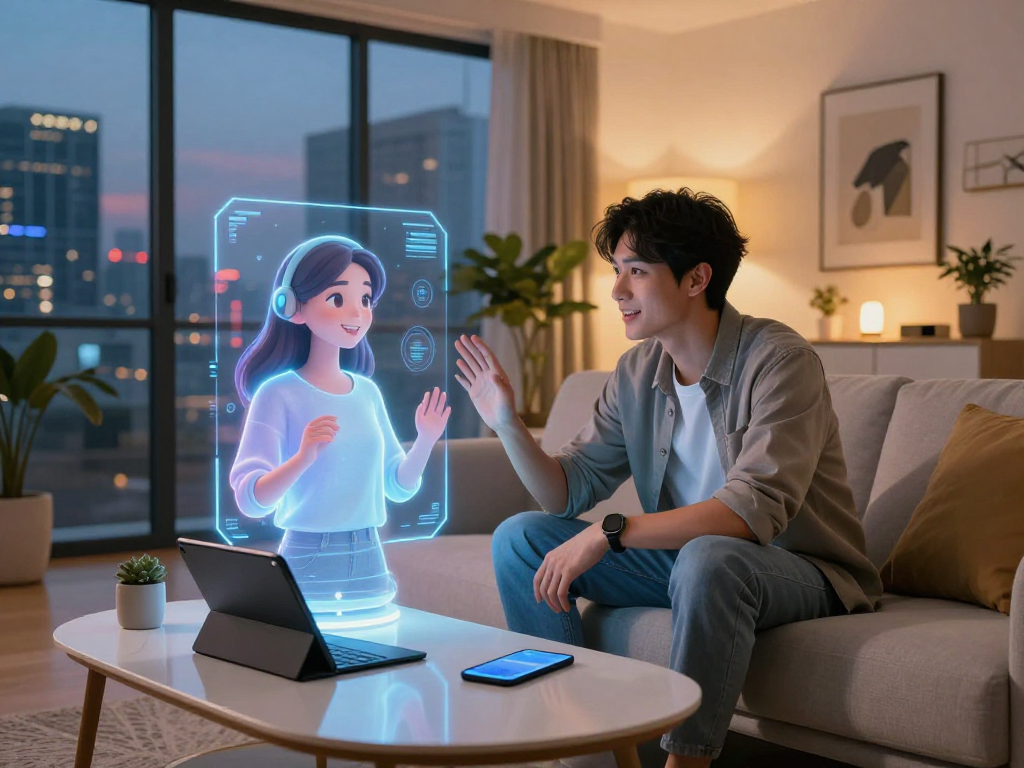 An engaging scene of a young man interacting with his AI girlfriend hologram in a modern tech environment, showcasing the future of digital companionship.