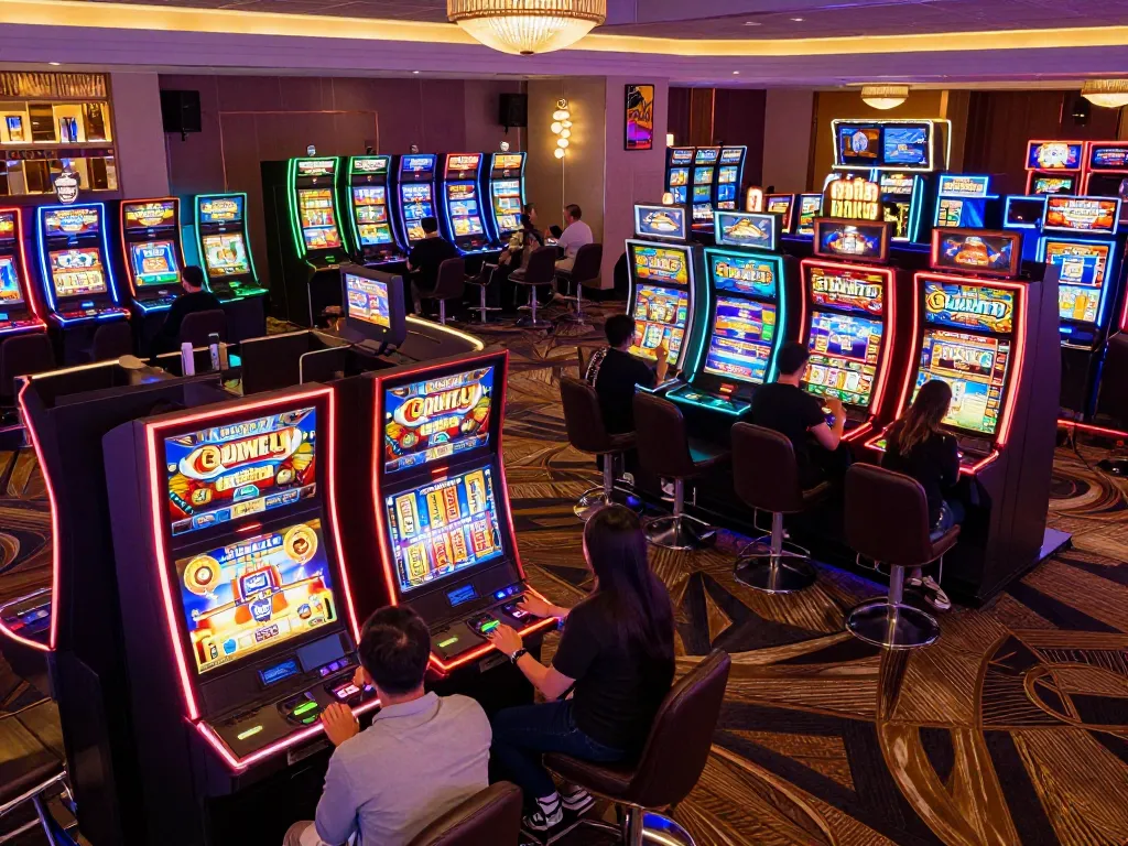 Players engaging with gajah toto slot machines in a lively casino atmosphere, vibrant lights and excitement