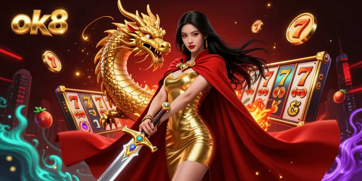 Win big at ok8 with a stunning 3D illustration showcasing slots, jackpots, and an enchanting warrior queen.