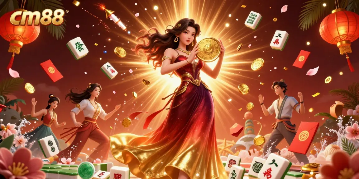 Experience cm88's vibrant casino atmosphere with a stunning Asian woman showered in golden coins.