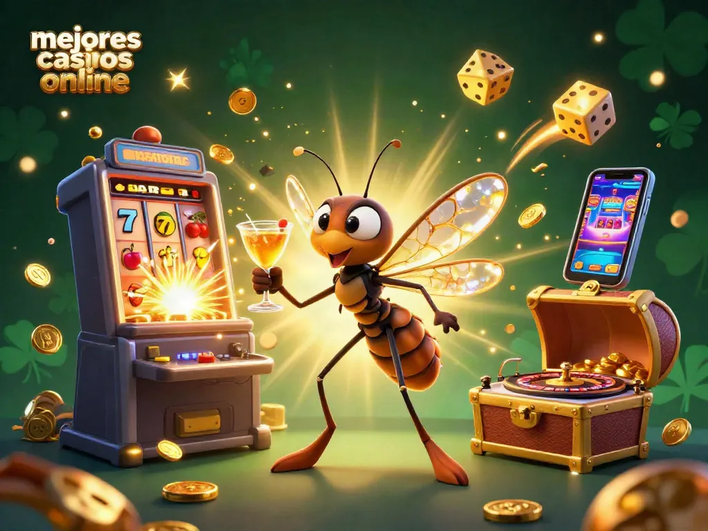 Disfruta de los mejores casinos online con una ilustración vibrante de un mosquito en ámbar y un DJ trilobite.