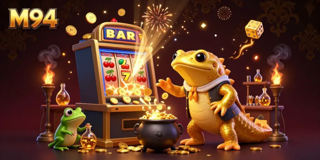 Experience M94's vibrant casino scene, featuring gold coins and characters creating magic moments.