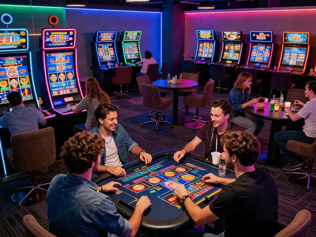Exciting koitoto gaming lounge scene with diverse players enjoying slot games and live action.
