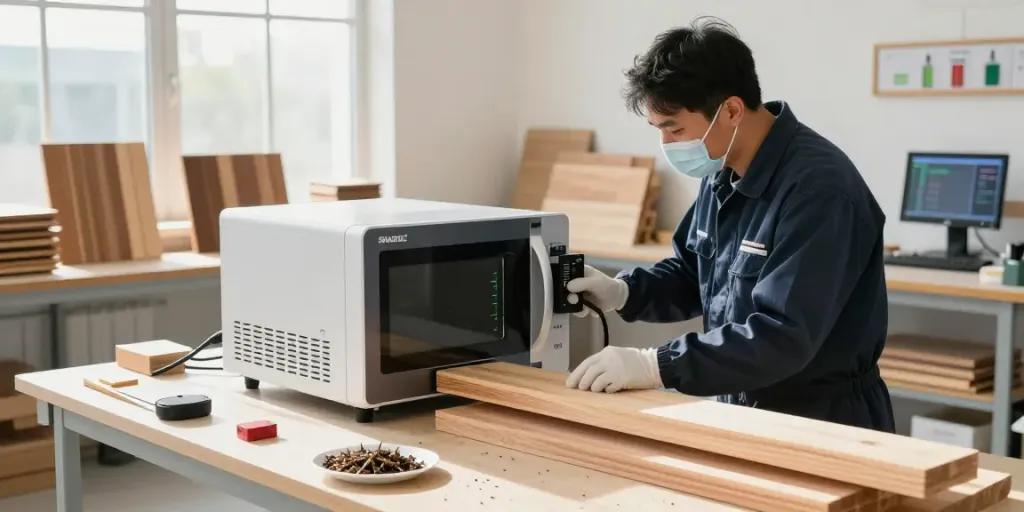 Efficiency in SHASHEL® microwave treatment for wood-boring insects in a professional workshop.