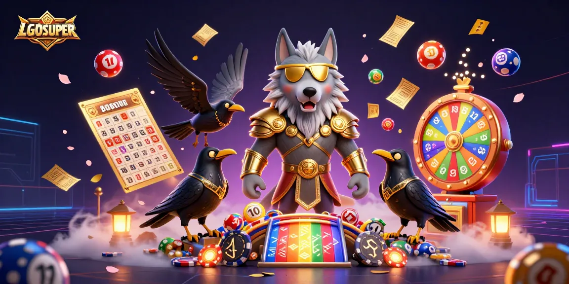 Experience the thrill of winning with LGOSUPER as colorful lottery balls bounce around in a vibrant casino scene.