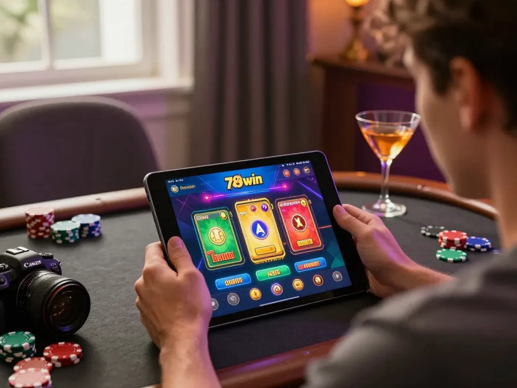 Engaging with 789win casino app on a tablet in a cozy gaming space