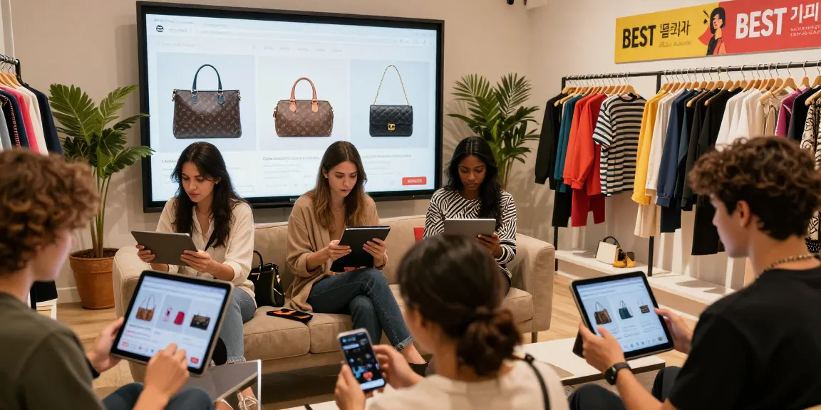 Engaged shoppers exploring high-quality 레플리카 사이트 fashion products in a trendy e-commerce store.