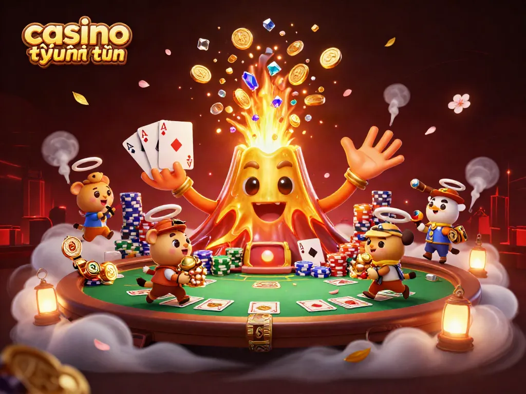 Khám phá casino trực tuyến tặng tiền với hình ảnh vui nhộn của ngọn núi lửa vàng phun ra kim cương và tiền xu.