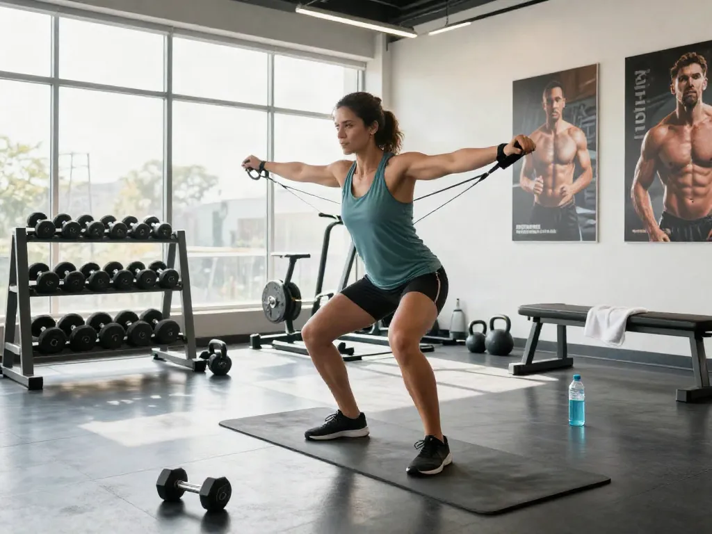 Individual using weight loss peptides canafab during dynamic workout in a modern gym with bright natural light.