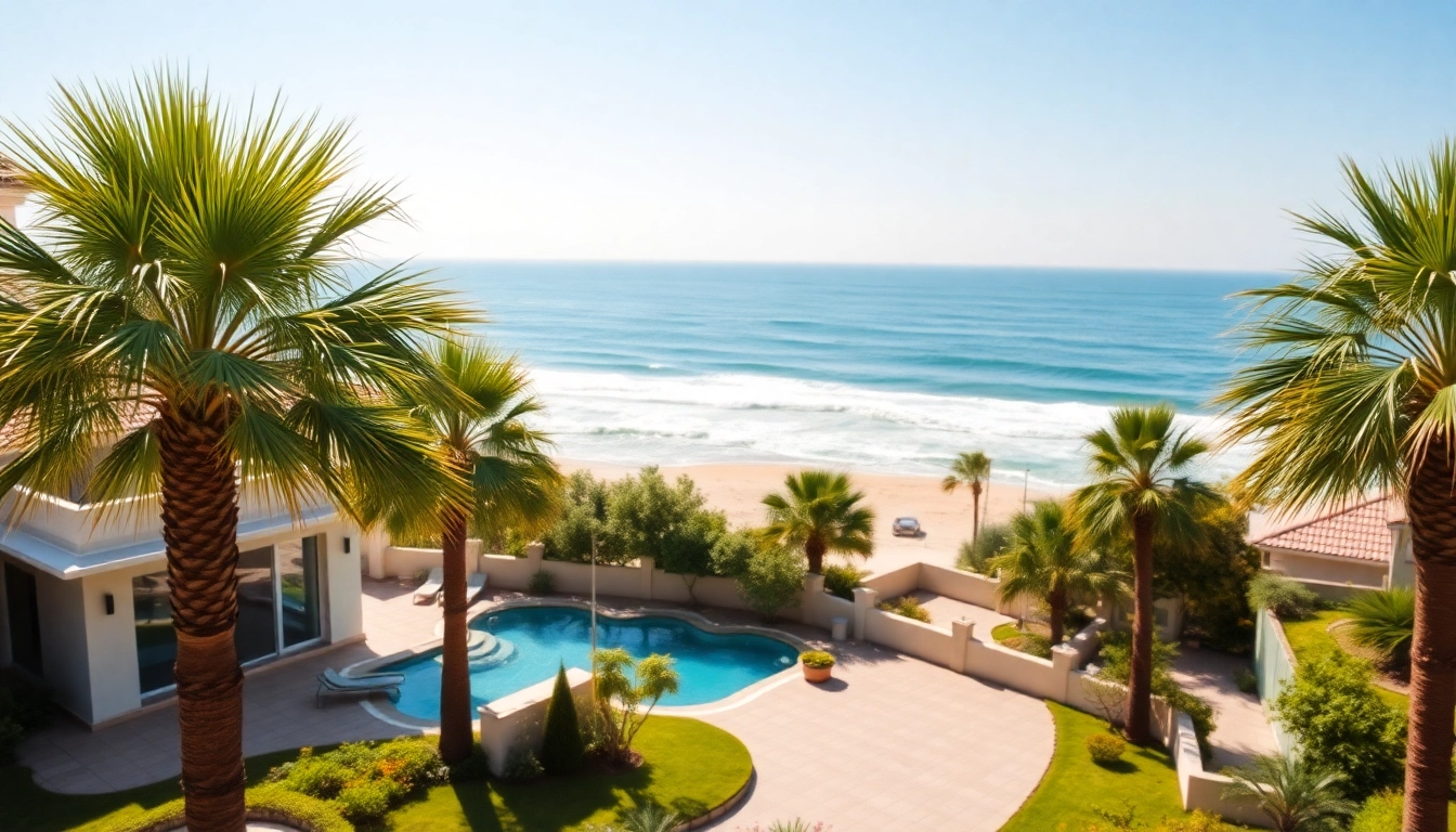 Showcasing property in Turkey Alanya with stunning villa near the beach and palm trees.