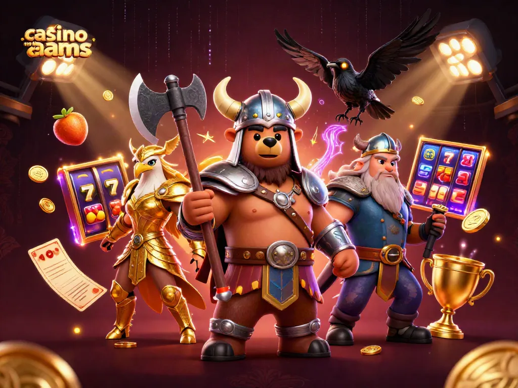 Scopri le avventure nei casino non AAMS con un'illustrazione di un orso vichingo e un'aquila valchiria tra simboli e gettoni d'oro.