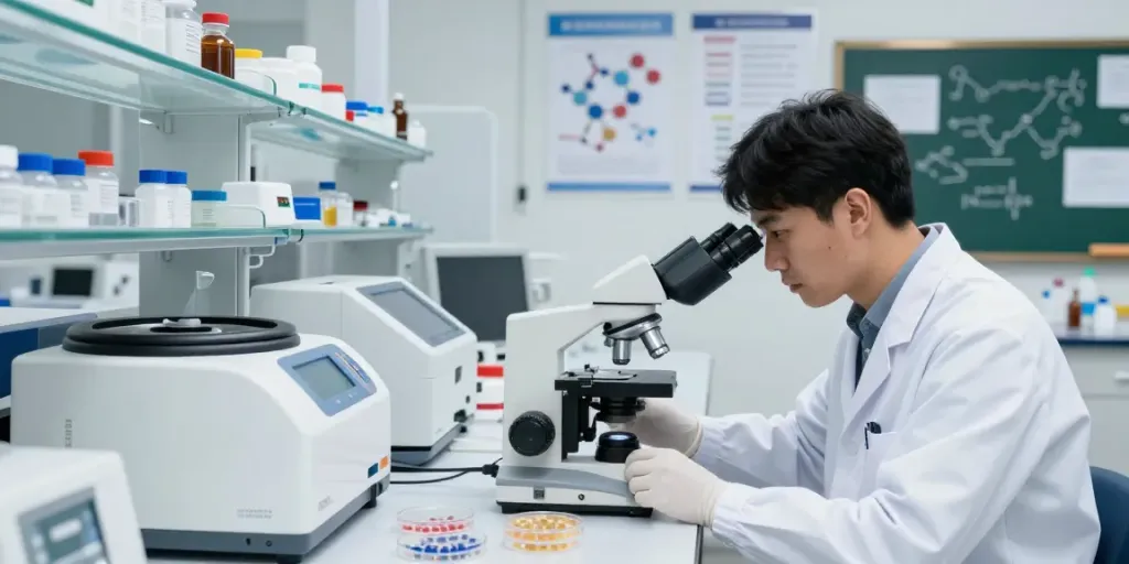 Scientist analyzing peptide samples in a lab for SwissChems research.
