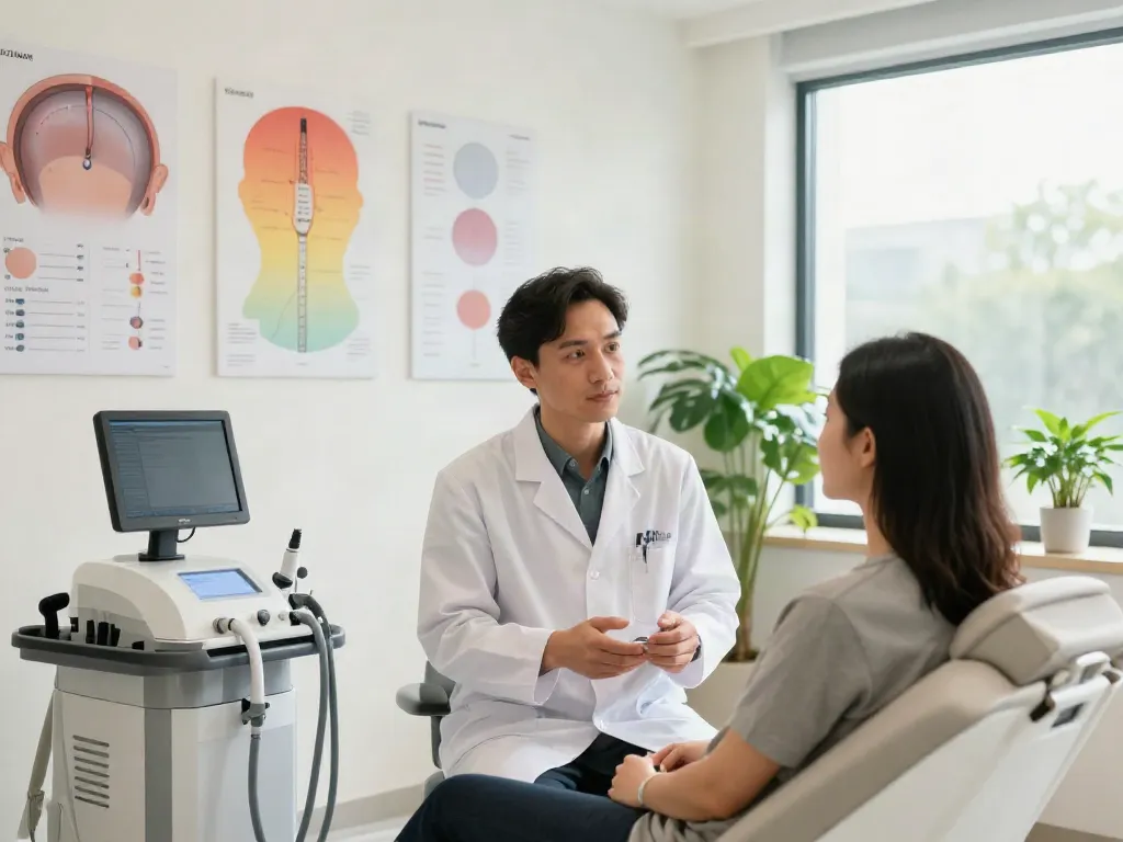 Hair transplant consultation in a welcoming clinic with advanced tools and charts