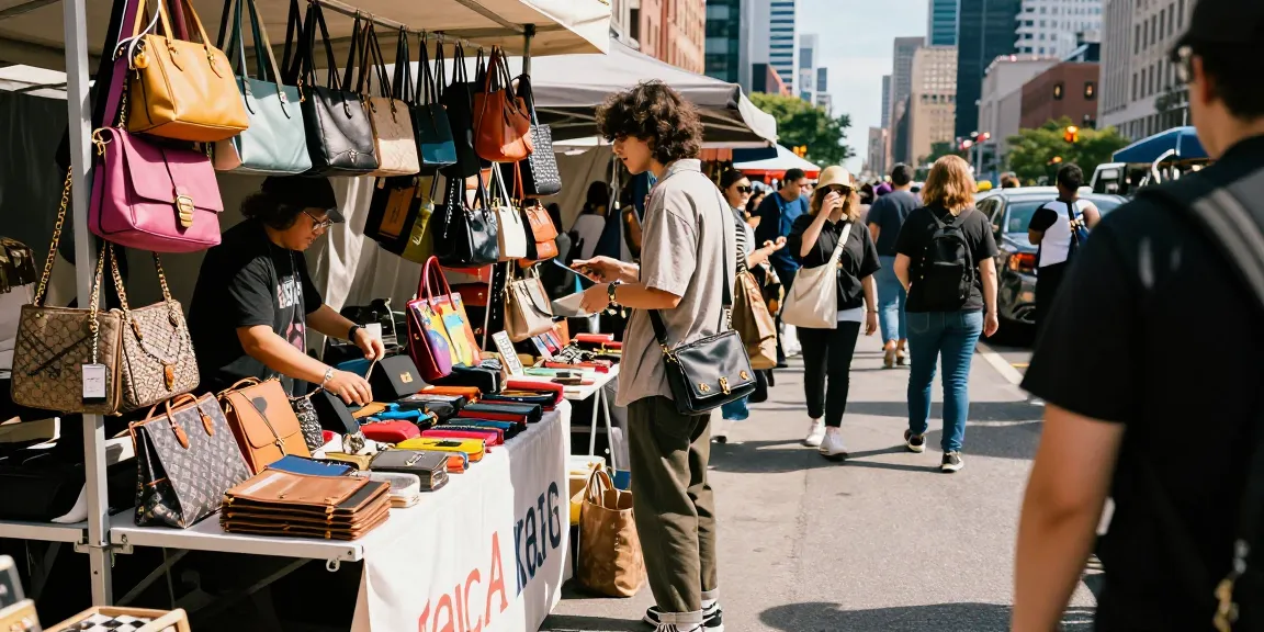 Engaging shopper at a 레플리카 쇼핑몰 displaying trendy replica bags and accessories in an urban setting.