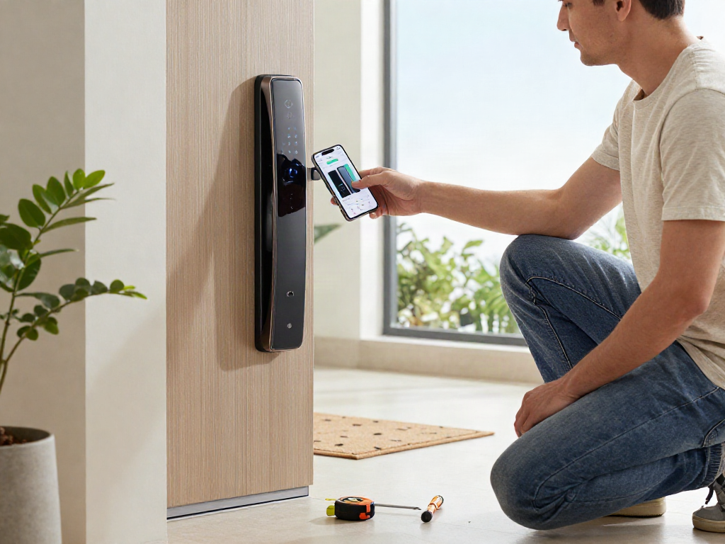 Buying smart lock installation for خرید قفل هوشمند in a stylish home setting.