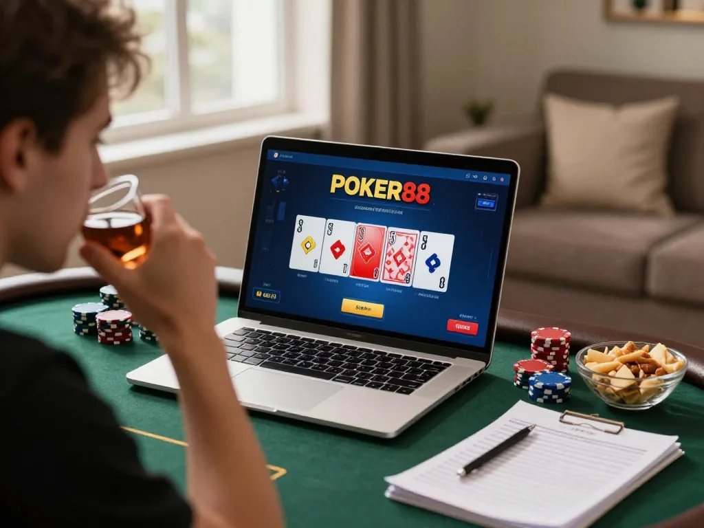 Players enjoying online POKER88 with vibrant cards and chips in a cozy gaming environment