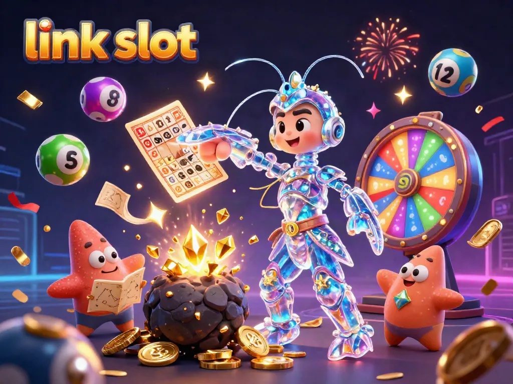 Bermain link slot dengan berbagai elemen menarik seperti slot dan jackpot di ilustrasi 3D.