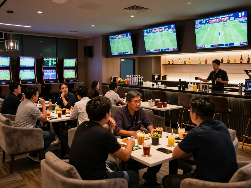 KÈO TRỰC TUYẾN betting scene with engaged bettors strategizing over live match updates in a modern lounge.