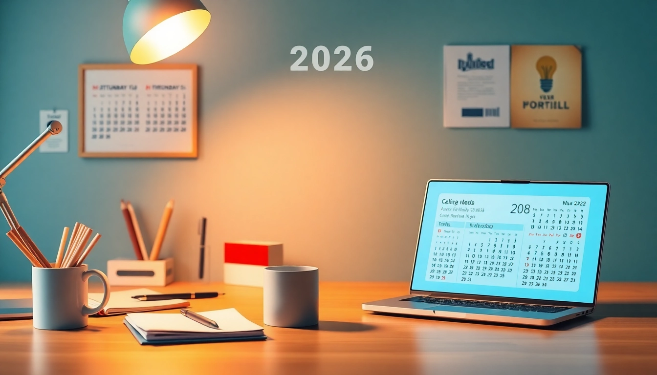 2026 calendar design featuring American holidays and events in a modern layout.