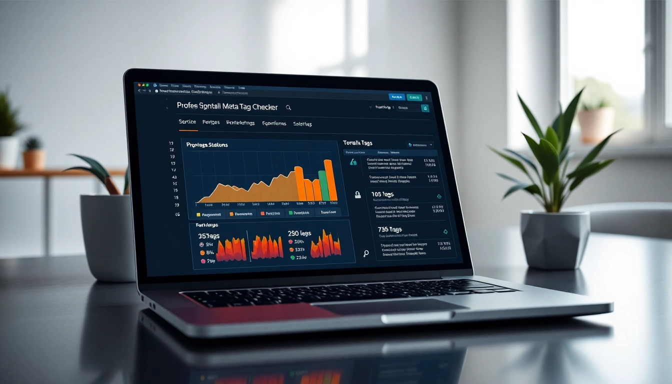 Analyze meta tags checker results on a modern laptop in a bright workspace.