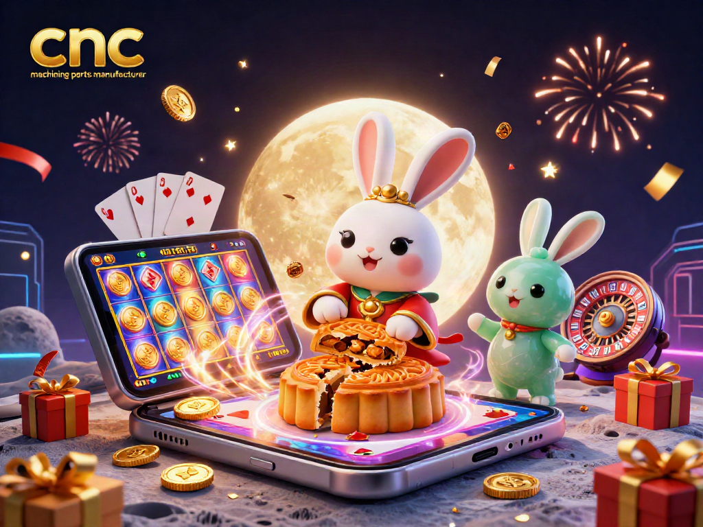 CNC machining parts manufacturer celebrates winnings with poker chips, captivating 3D illustration of moon rabbit scene