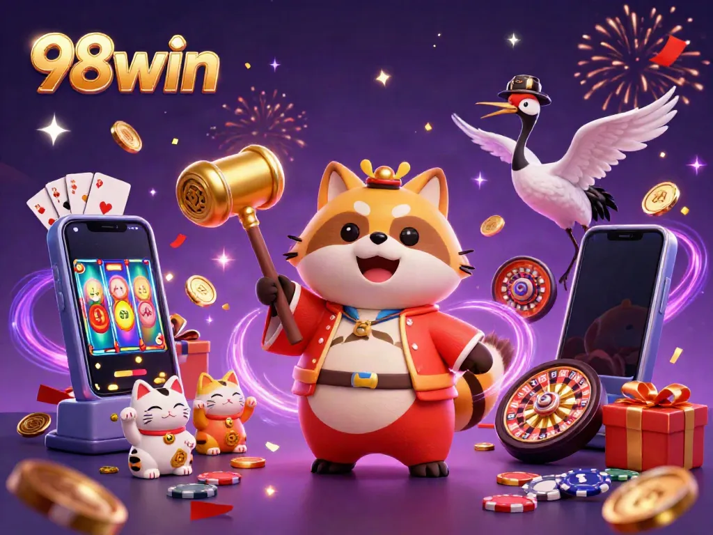 Experience thrilling slot games with 98win, featuring vibrant characters and dynamic casino elements.