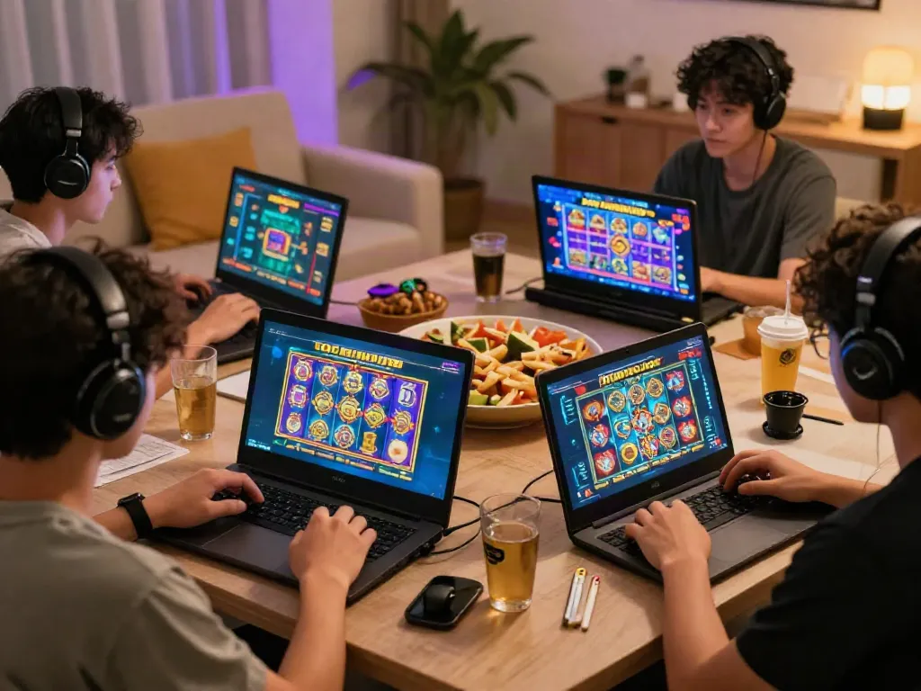 Players enjoying Slot MAHJONGJP88 in a cozy gaming environment with vibrant graphics.