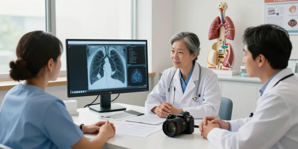 Lung cancer treatment consultation with a multidisciplinary team of doctors discussing patient scans in a bright clinical setting.
