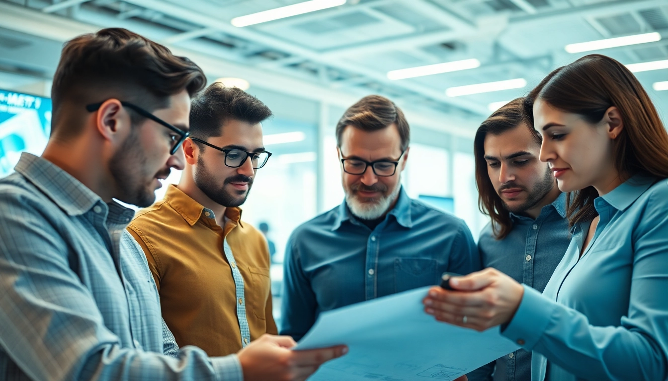 Engineers discussing engineering services with digital screens in a modern office environment.