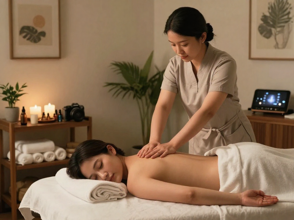 하남출장마사지 session with a skilled therapist in a serene home environment.