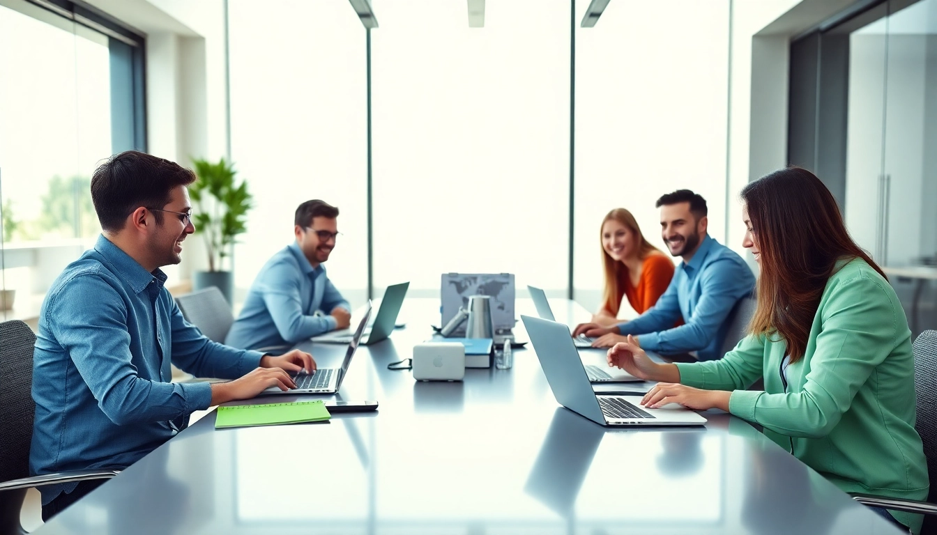 Engaged team at a web development company brainstorming over a digital project in a bright office.
