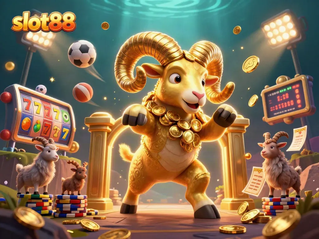Jelajahi slot88 dengan ilustrasi kram emas berwarna cerah dan elemen kasino yang menarik.