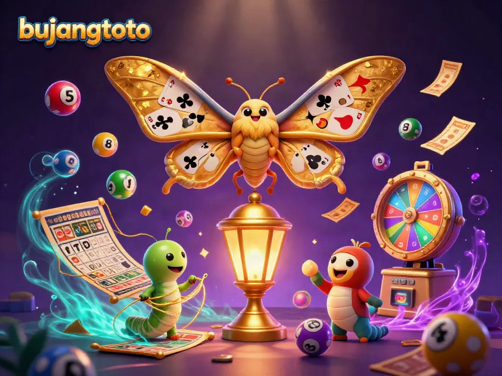Experience the excitement of bujangtoto with vibrant lottery balls and a majestic atlas moth in a captivating casino scene.